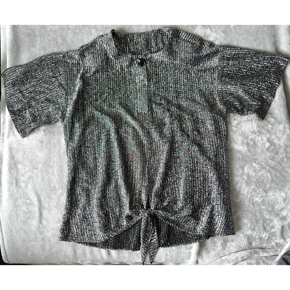 Vintage 70s 80s Metallic Knit Disco Top LG 1/4 Button Up Sheer Waist Tie Glitter